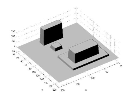 L1 spline approximation of a
simulated urban building complex. Note the sharp edge approximation.