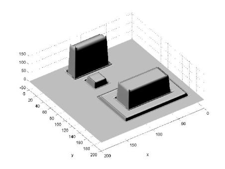 L2 spline approximation of a
simulated urban building complex. Note the Gibbs phenomena at the edges of the buildings
