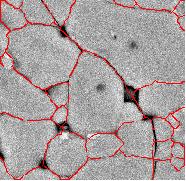 A micrograph of iron titanate, showing the automatically detected grain boundaries.
