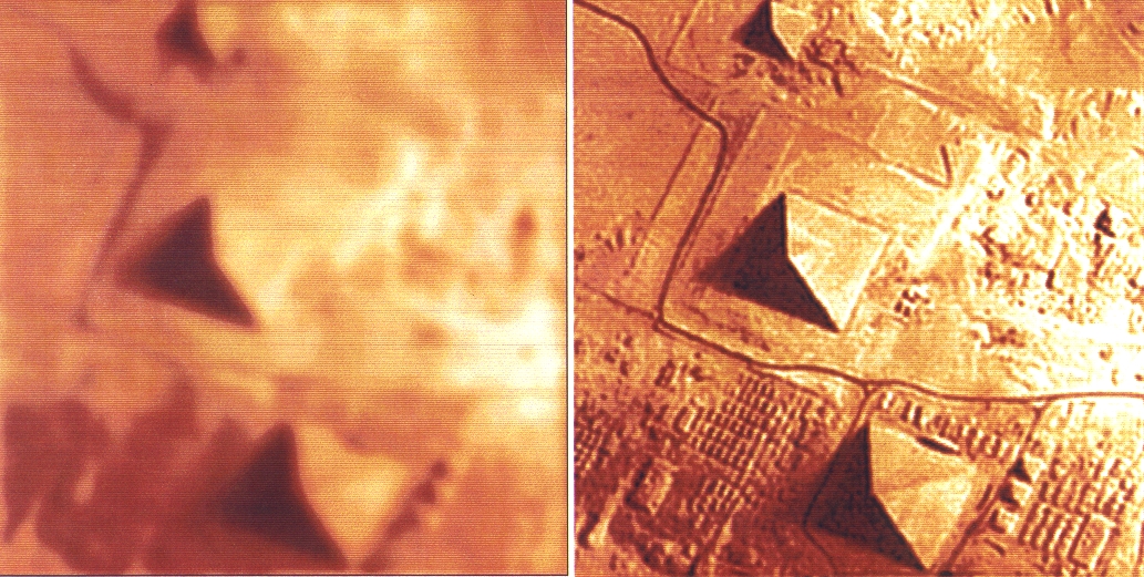 Blurred image of pyramids (left) and reconstructed image (right)