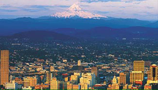 The city of Portand, Oregon with Mount Hood in the background.