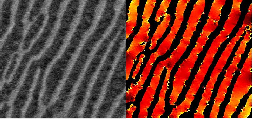 Material micrograph (left) and result of OOF simulation (right).