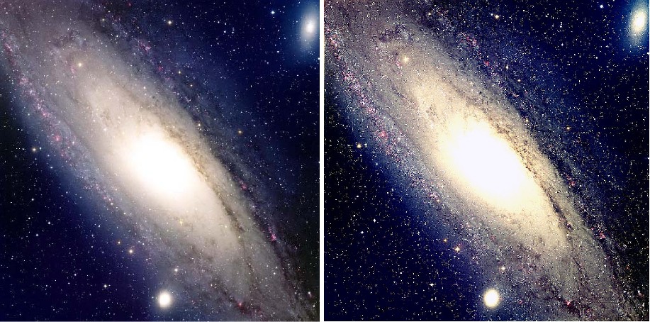 Andromeda gallaxy image (left) is enhanced by APEX processing (right).