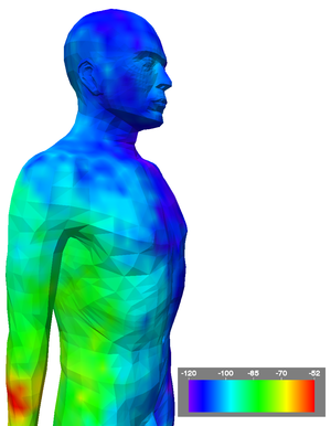 
Simulation of a transmitter implanted in the right forearm.
Color denotes signal strength.
