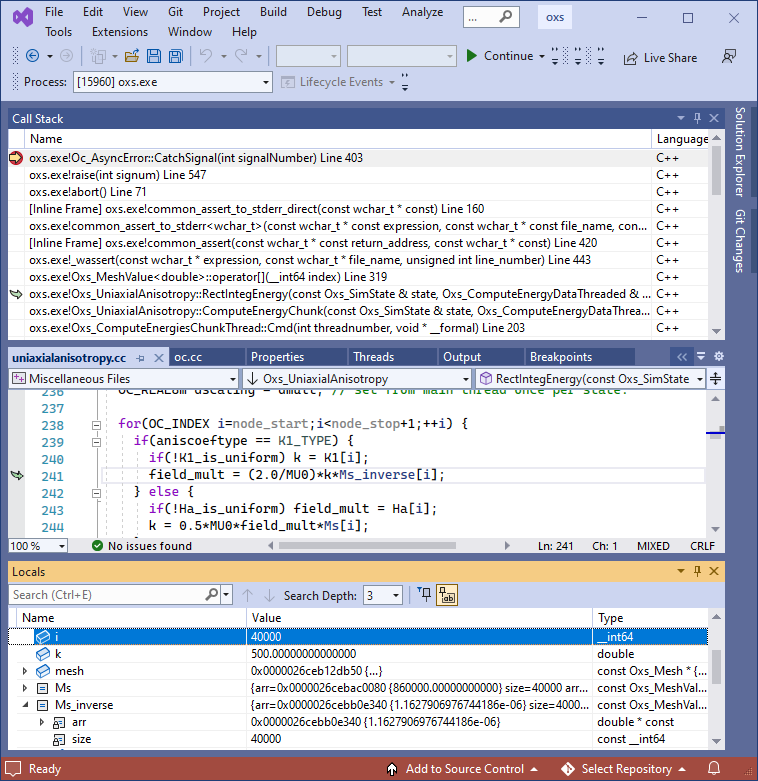  screenshot displaying call stack, source code, and
local variables from a debugging session.