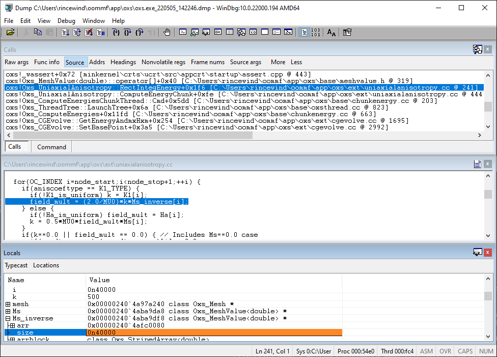 
screenshot displaying call stack, source code, and local variables
read from a crash dump generated by 
