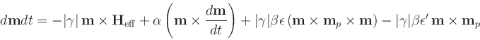 \begin{displaymath}
\frac{d\textbf{m}}{dt} = -\vert\gamma\vert\,\textbf{m}\time...
...t\gamma\vert\beta\epsilon^\prime\,\textbf{m}\times\textbf{m}_p
\end{displaymath}