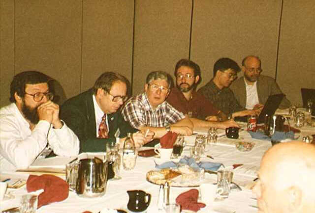 Left to right: Danny Sorenson (Rice University,
USA), Bo Einarsson (University of Link&ouml;ping, Sweden), Brian Ford (NAG,
Ltd., UK), Ron Boisvert (NIST, USA), Peter Tang (Lawrence Berkeley National
Lab, USA), Pieter Hemker (CWI, The Netherlands), Hans Stetter (Technical
University of Vienna, Austria).